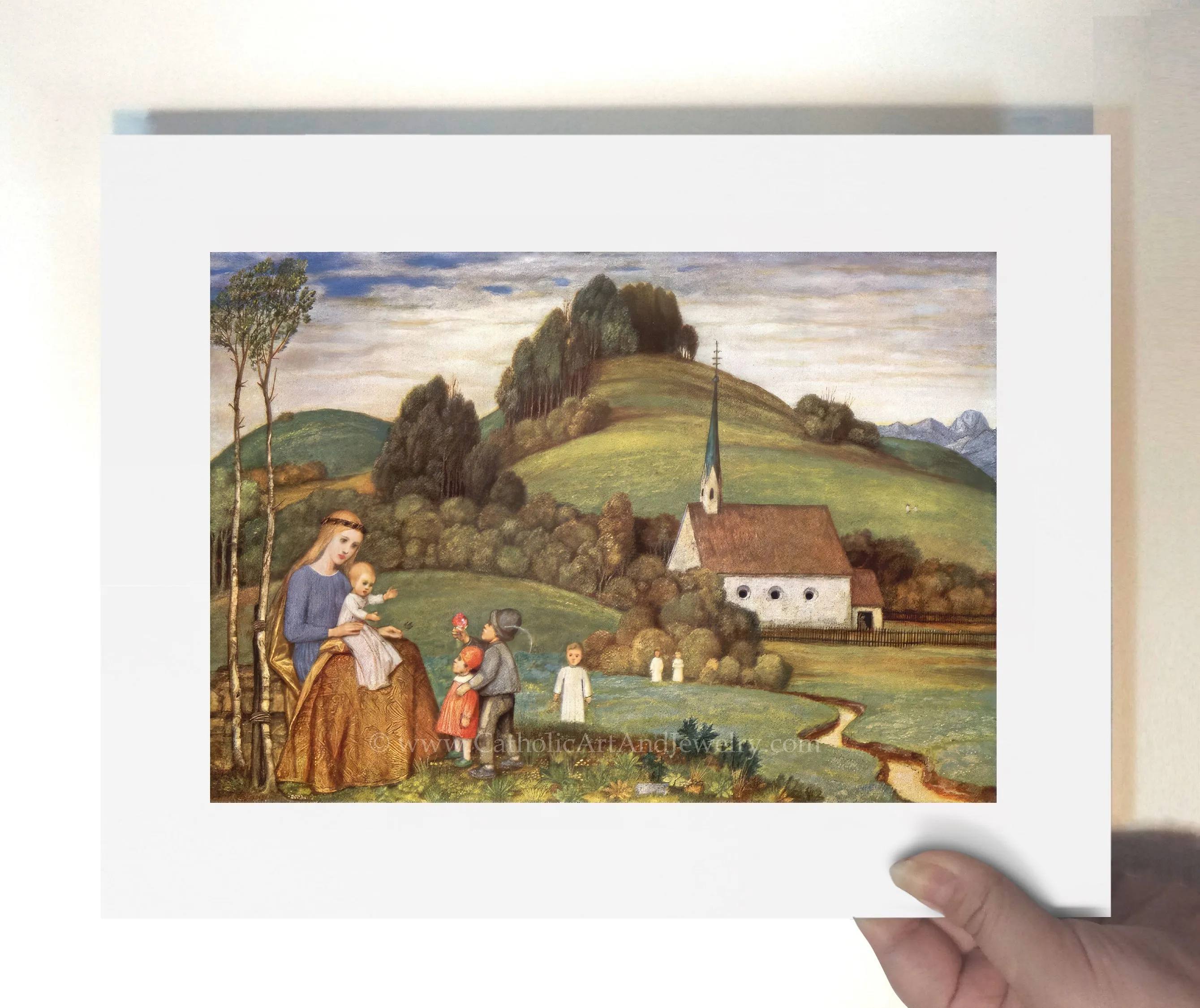 Mary and Jesus at the Chapel with Children – Matthäus Schiestl – Catholic Art Print – Catholic Gift Archival – Quality