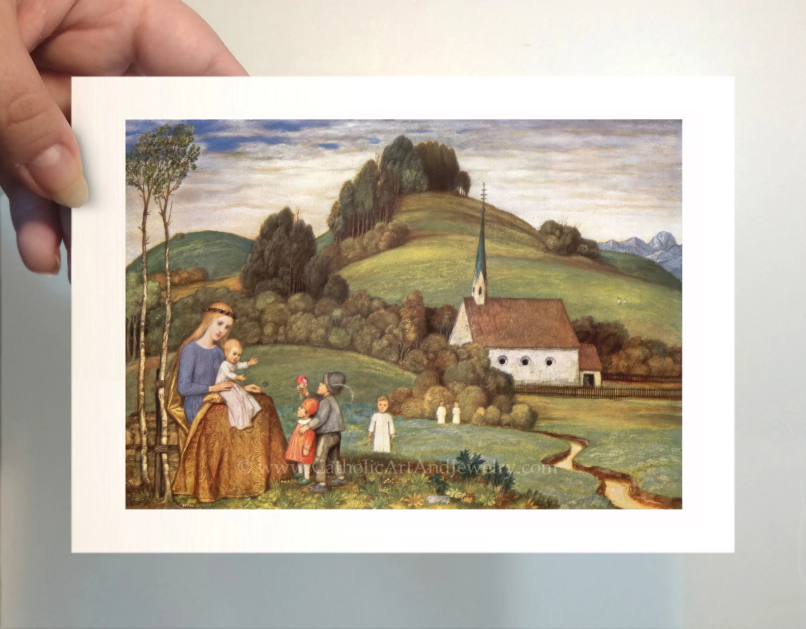 Mary and Jesus at the Chapel with Children – Matthäus Schiestl – Catholic Art Print – Catholic Gift Archival – Quality