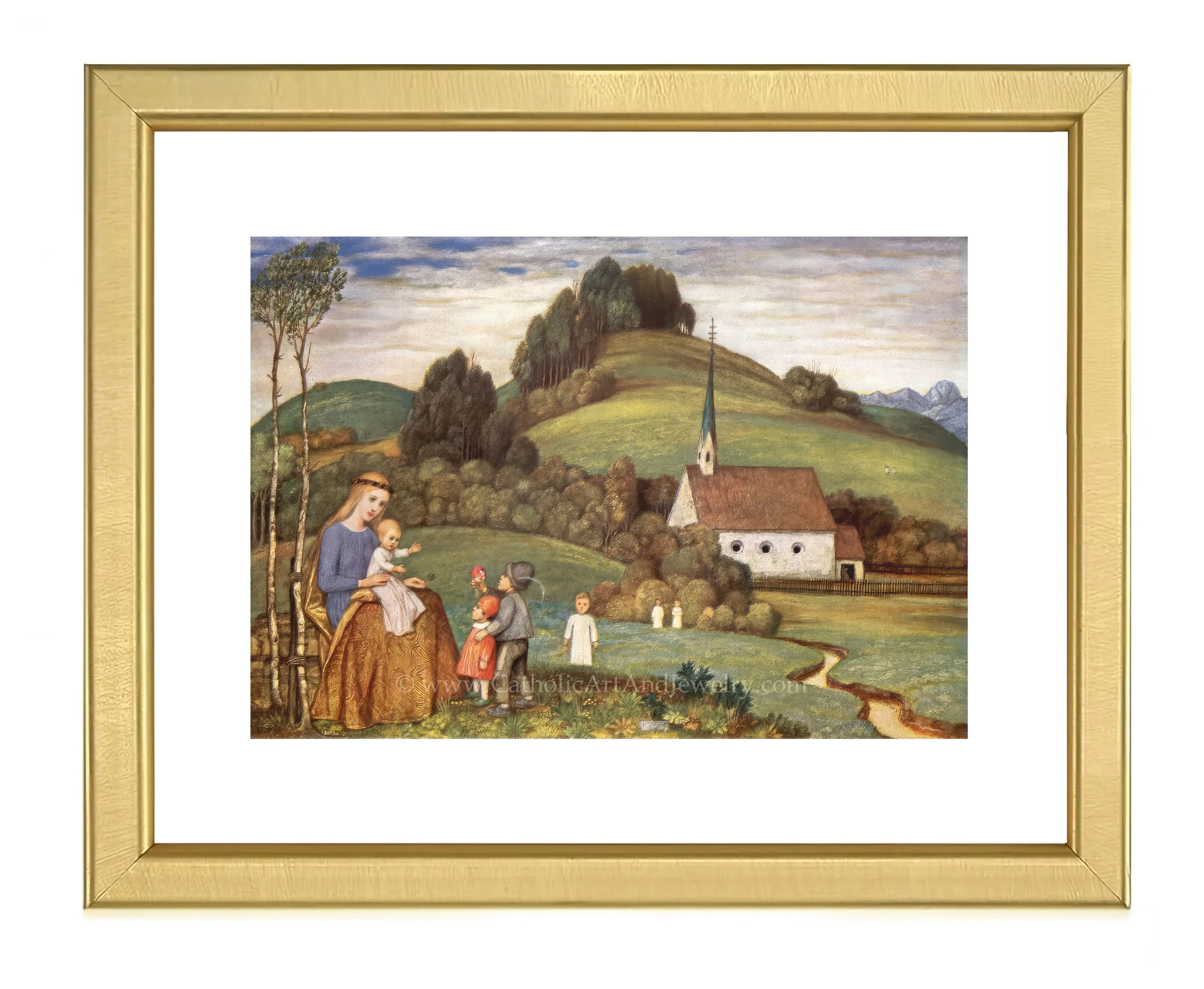 Mary and Jesus at the Chapel with Children – Matthäus Schiestl – Catholic Art Print – Catholic Gift Archival – Quality