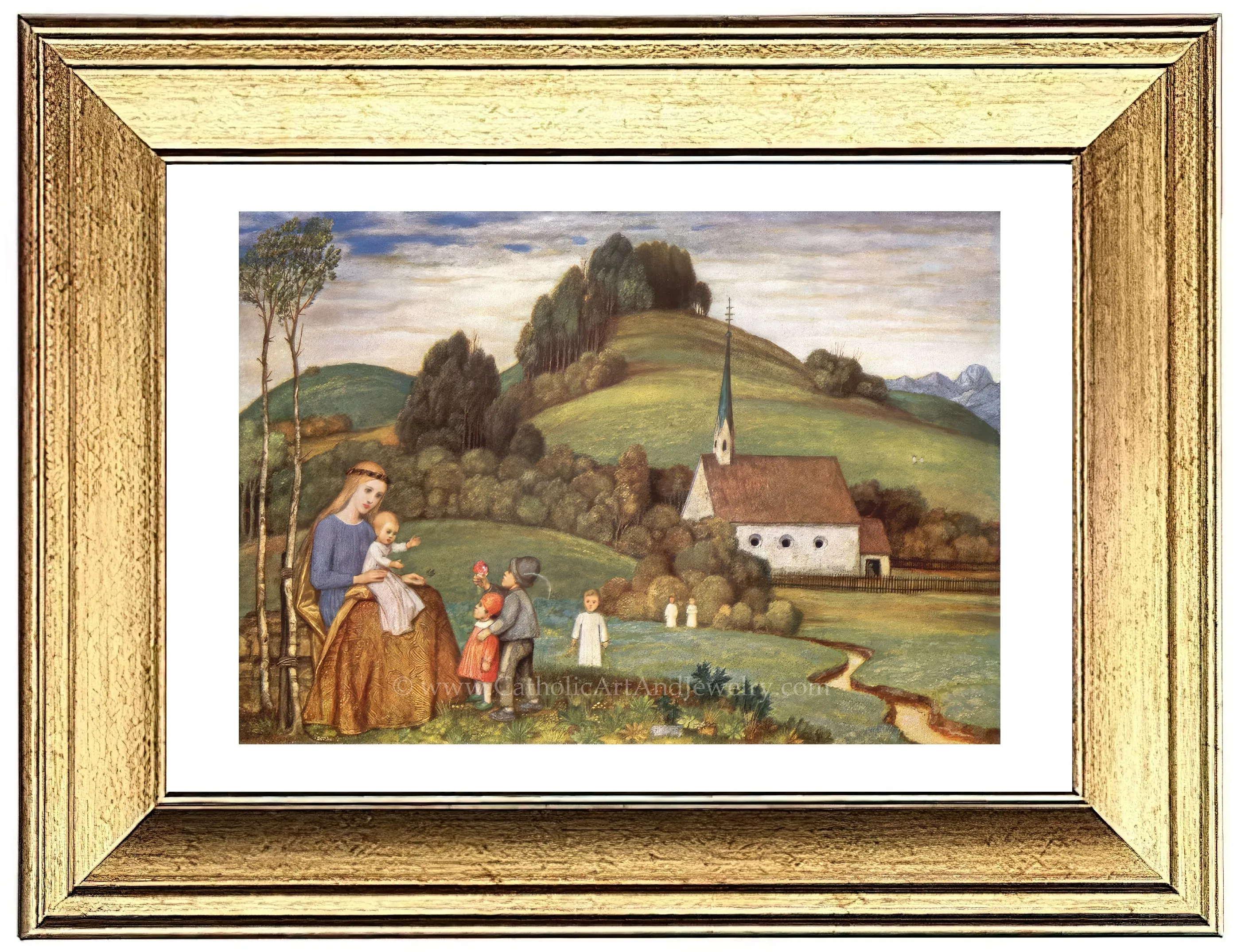 Mary and Jesus at the Chapel with Children – Matthäus Schiestl – Catholic Art Print – Catholic Gift Archival – Quality