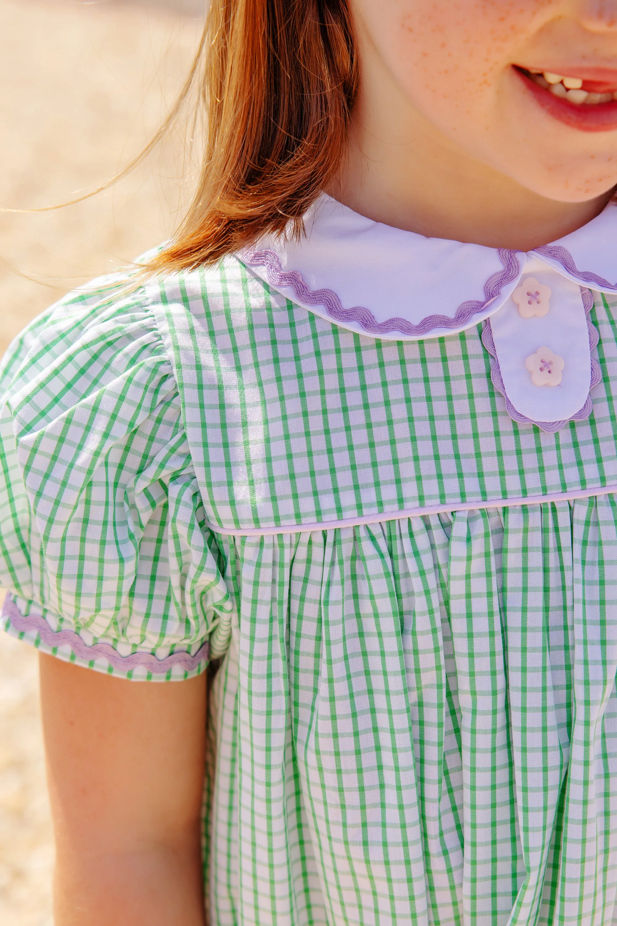 Mary Dal Dress - Kiawah Kelly Green Windowpane with Palm Beach Pink Bow & Lauderdale Lavender Ric Rac