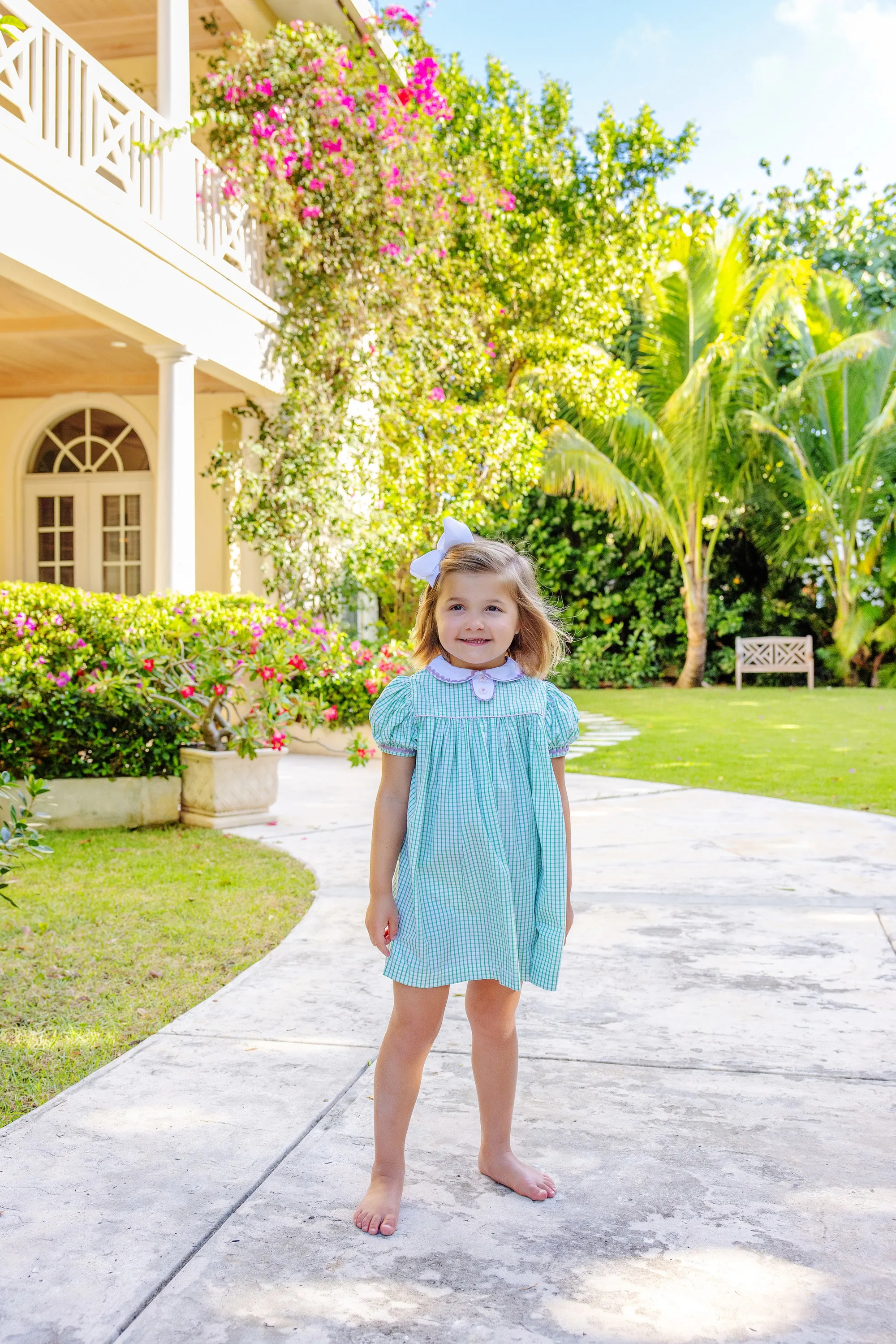 Mary Dal Dress - Kiawah Kelly Green Windowpane with Palm Beach Pink Bow & Lauderdale Lavender Ric Rac