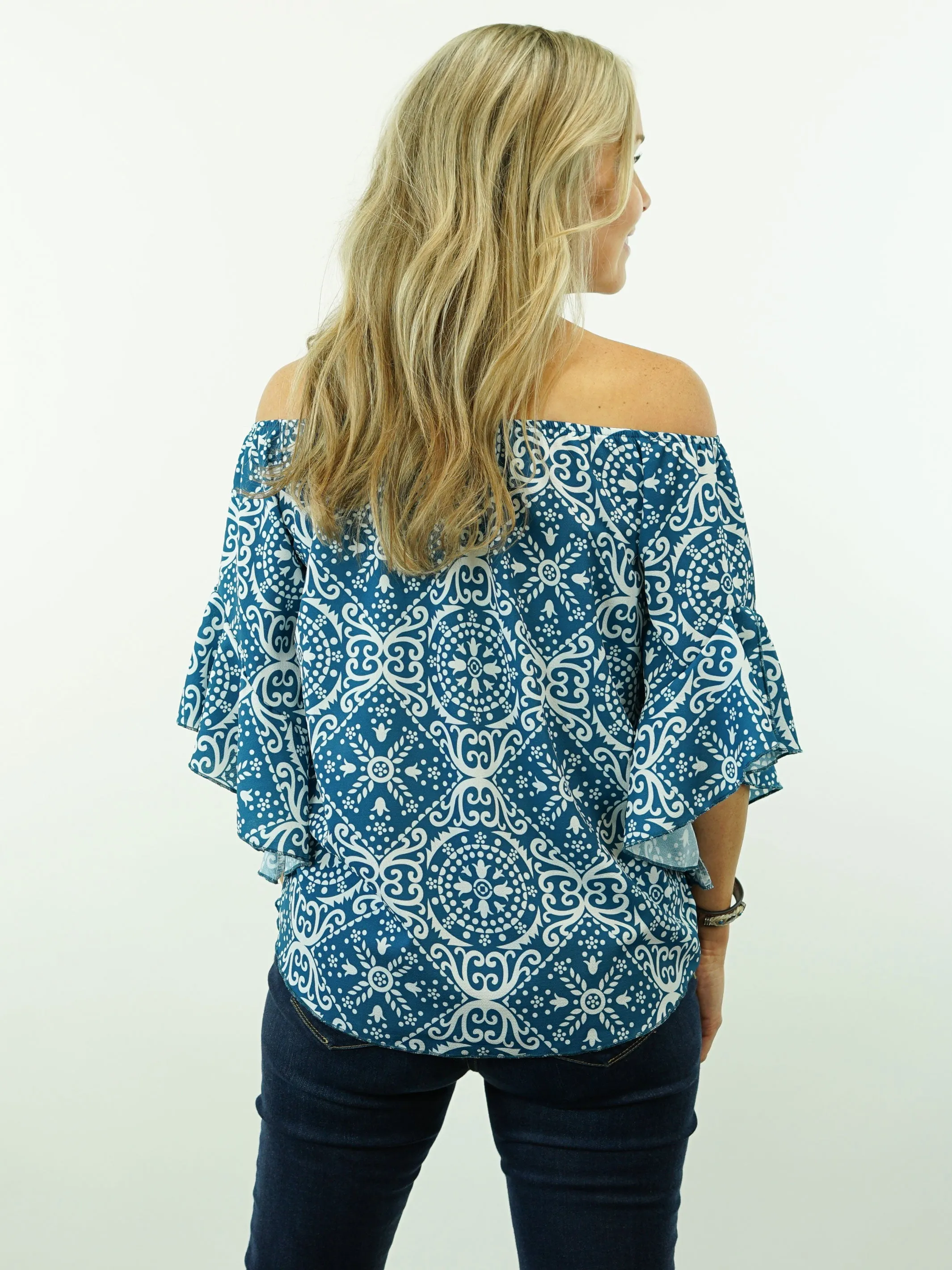 Mary Jane - Turquoise, Off Shoulder/On Shoulder, 3/4 Sleeve, Cowgirl Tie-Knot Top
