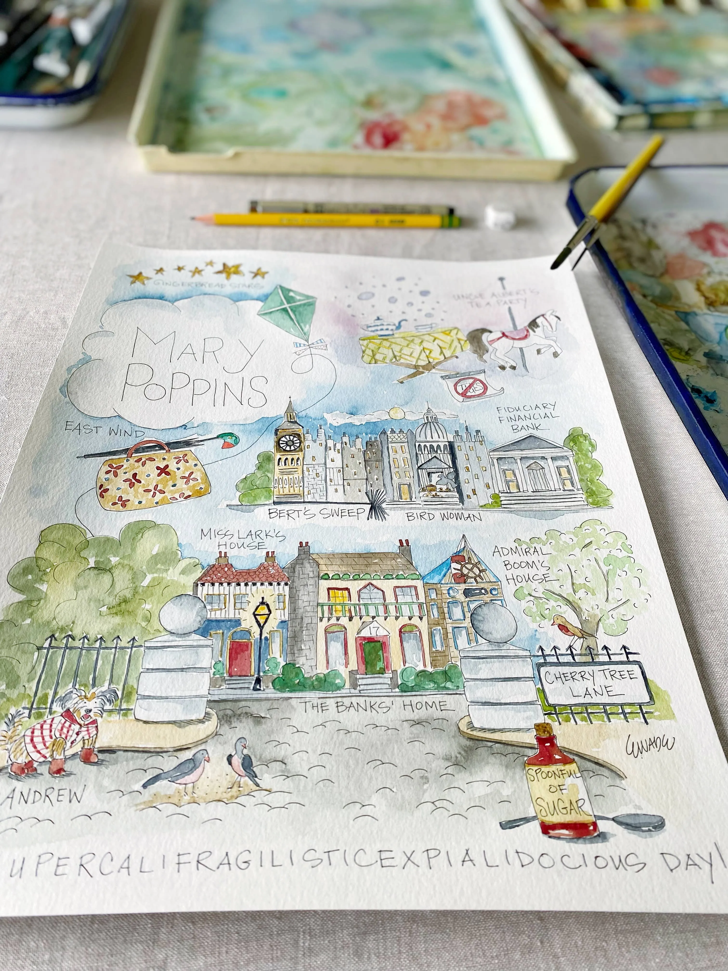 Mary Poppins Watercolor Story Map Print: 11" x 14"