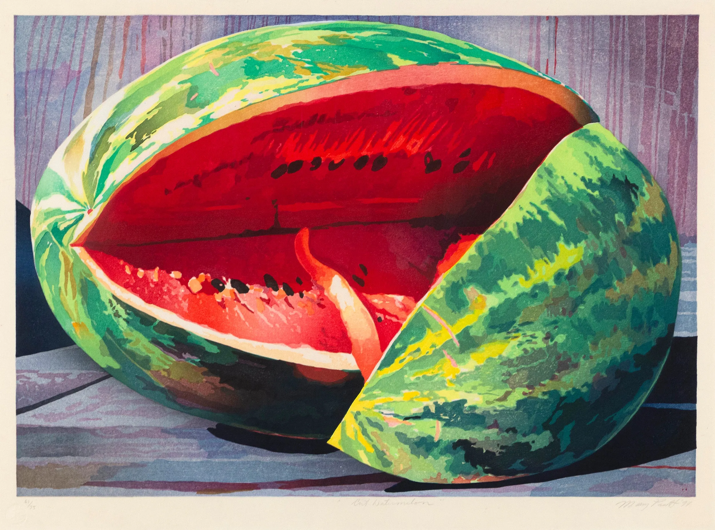 MARY PRATT "CUT WATERMELON" COLOR WOODCUT, 1997
