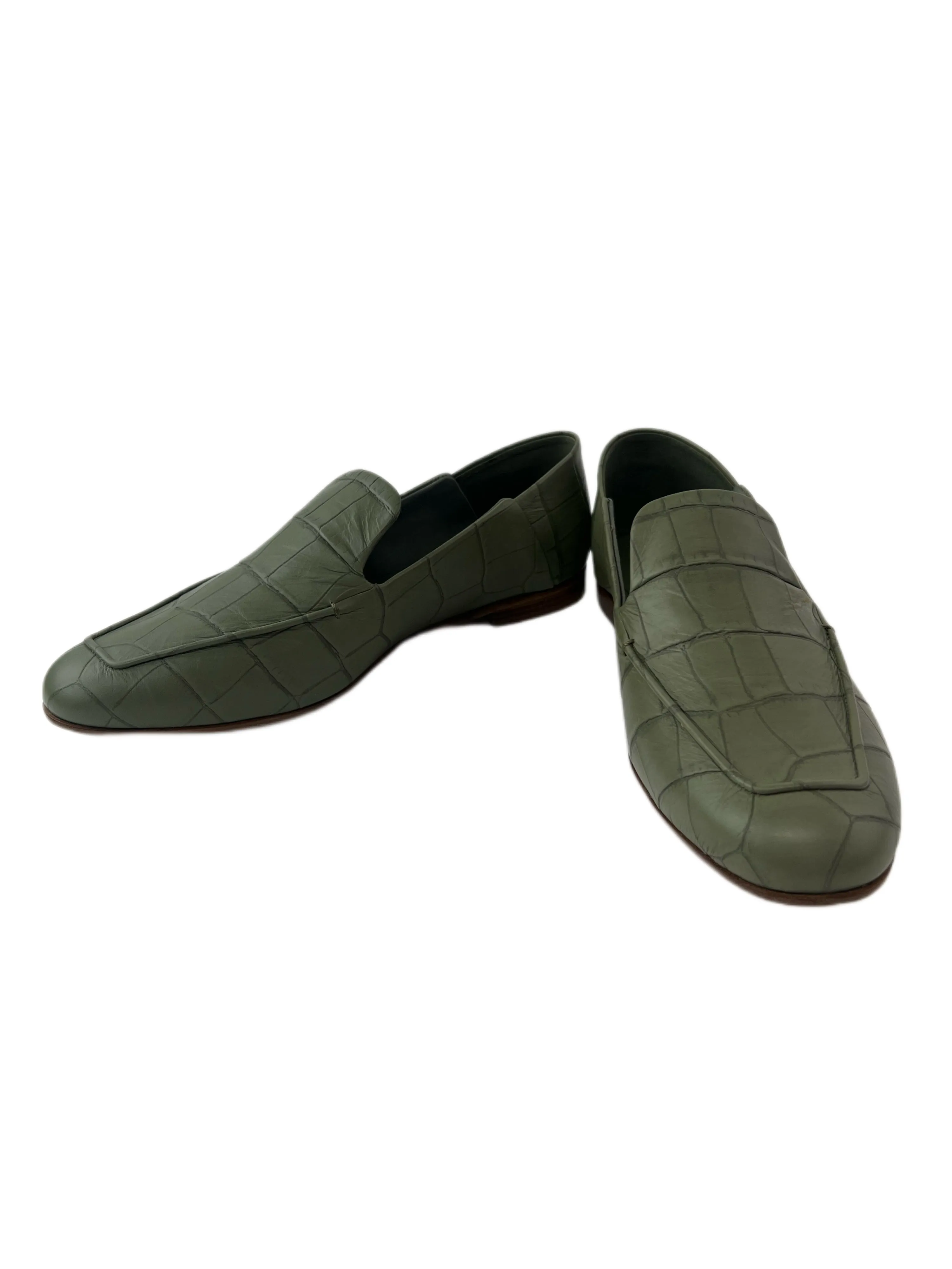 Max Mara Women's Verde Grigio Laris Croc Embossed Loafers Size 8 NWT