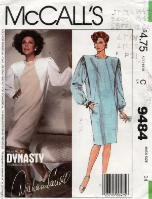 McCall's 9484 Womens DYNASTY COLLECTION Big Sleeved Wedge Dress 1980s Vintage Sewing Pattern Size 14 Bust 36 inches