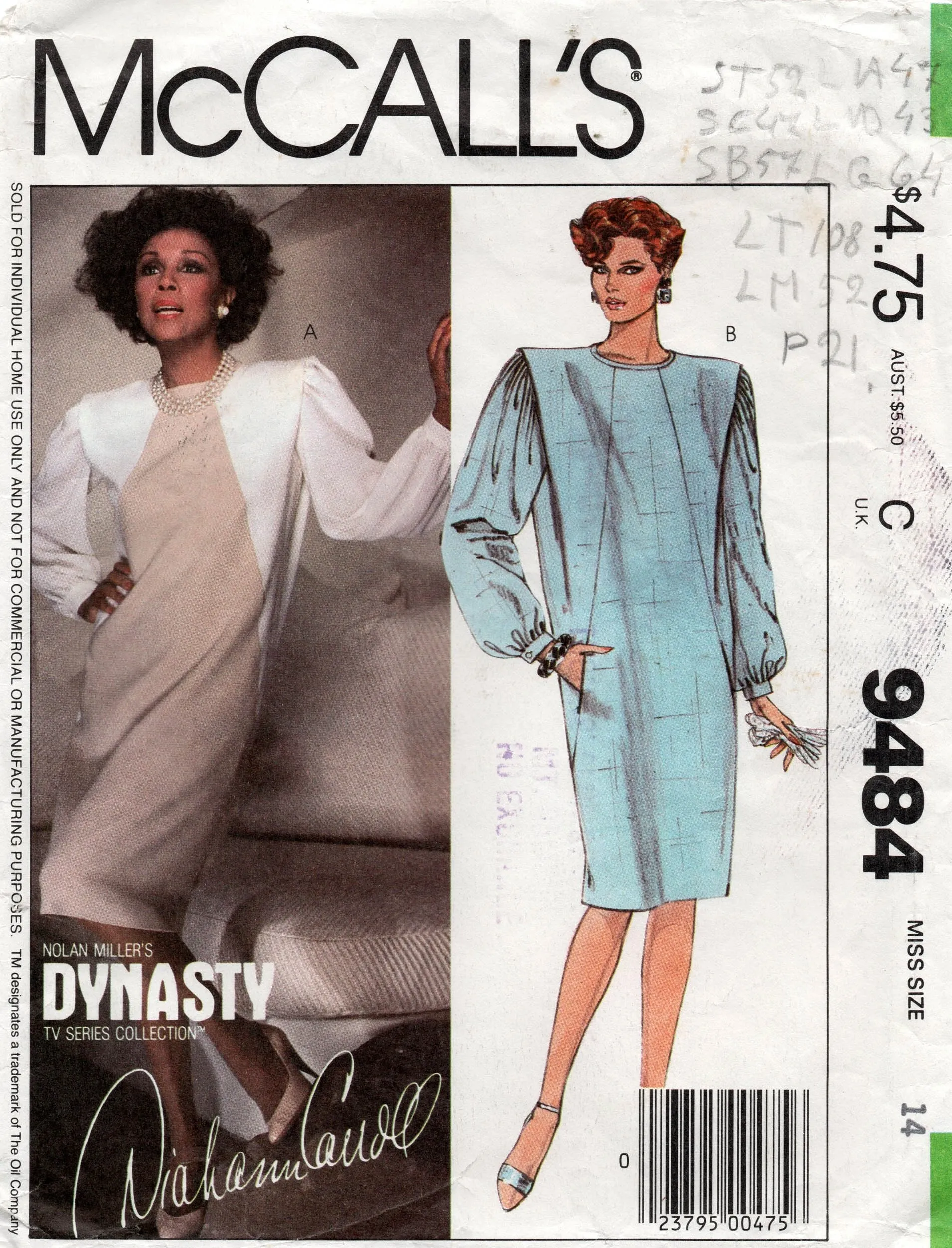 McCall's 9484 Womens DYNASTY COLLECTION Big Sleeved Wedge Dress 1980s Vintage Sewing Pattern Size 14 Bust 36 inches