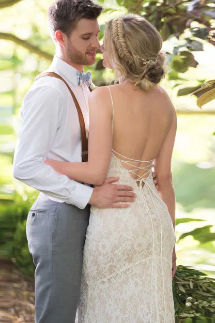 Mermaid Spaghetti Straps Backless Sleeveless Sweep Train Lace Wedding Dress OHD120