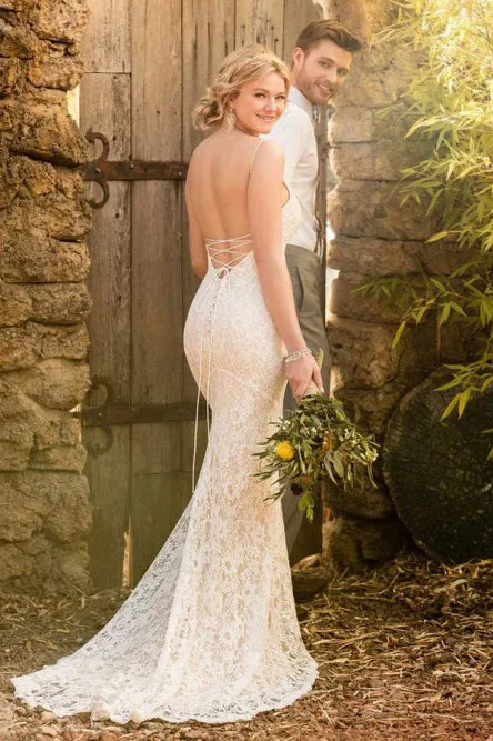 Mermaid Spaghetti Straps Backless Sleeveless Sweep Train Lace Wedding Dress OHD120