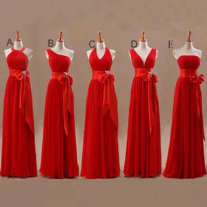 Mismatched Junior Chiffon Red Long A Line Formal Cheap Maxi Bridesmaid Dresses with Bow, WG63