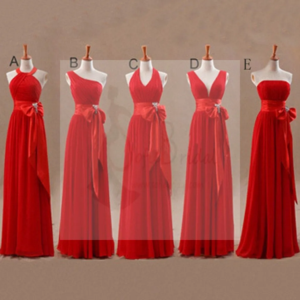 Mismatched Junior Chiffon Red Long A Line Formal Cheap Maxi Bridesmaid Dresses with Bow, WG63