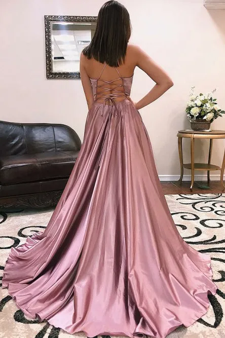 Modest V-neck Sleeveless High Split Front Sweep Train Cross Back Prom Dresses OHC575