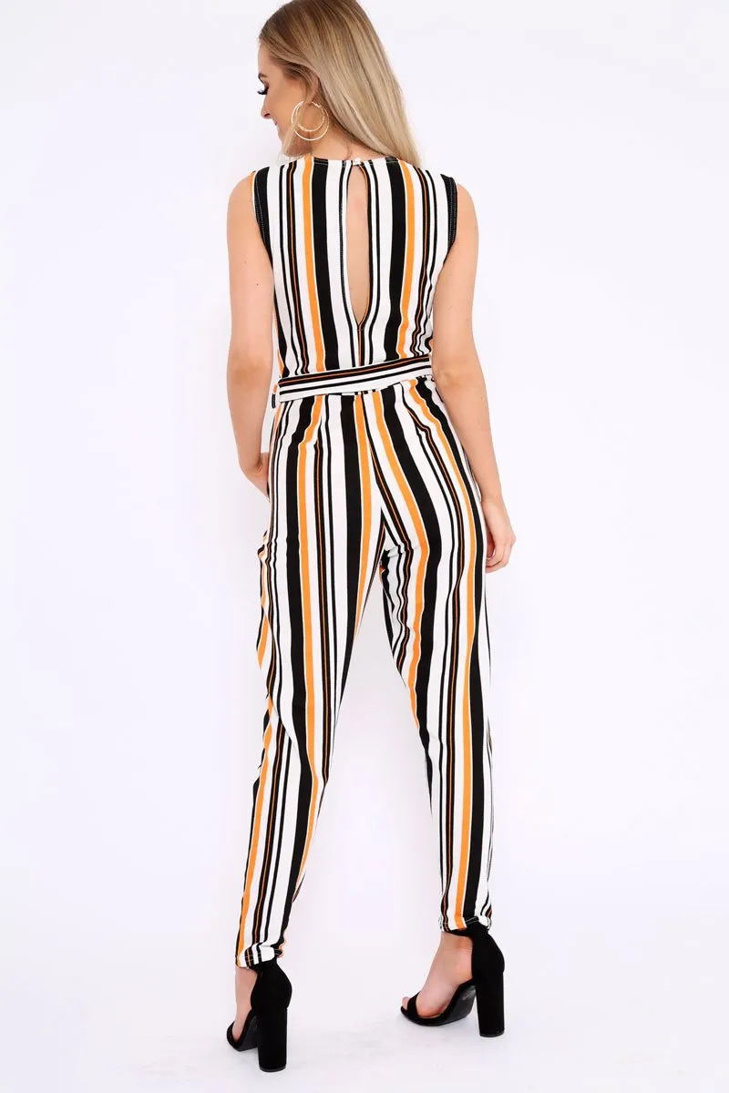 Mustard White and Black Stripe Plunge Jumpsuit - Koen