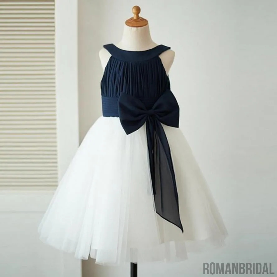 Navy blue jewel white dress with big bow dress , Disney Style Flower Girl Dress, FG0097