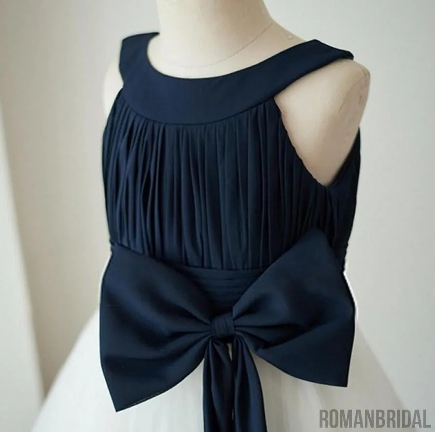 Navy blue jewel white dress with big bow dress , Disney Style Flower Girl Dress, FG0097