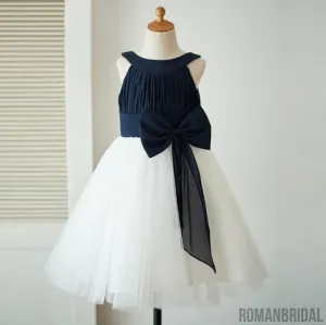 Navy blue jewel white dress with big bow dress , Disney Style Flower Girl Dress, FG0097