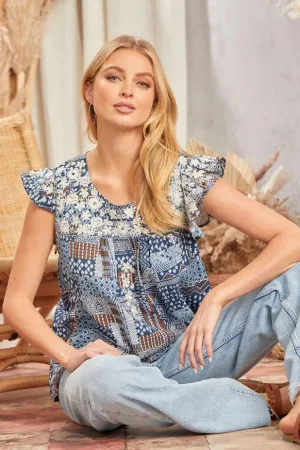 Navy Embroidery Collar Detail Woven Top