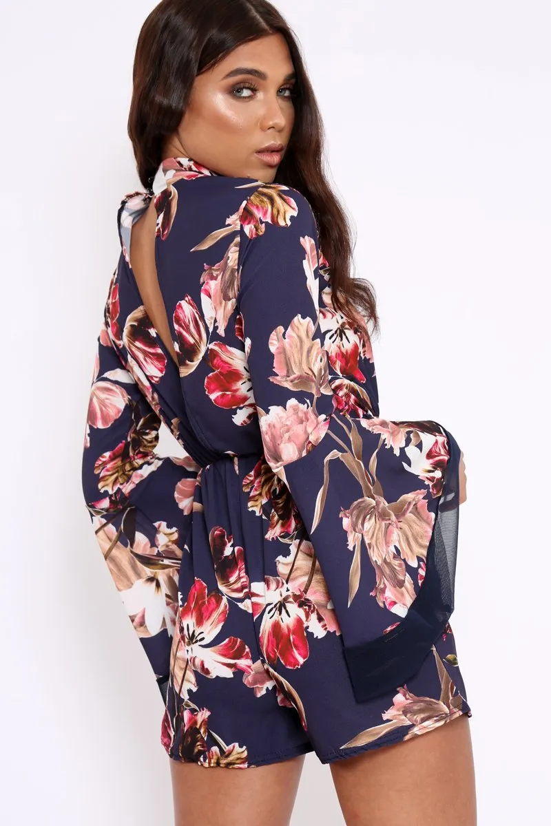 Navy Floral Print Open Back Playsuit - Cassia