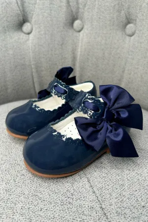 Navy Patent Leather Satin Bow Mary Jane Shoes