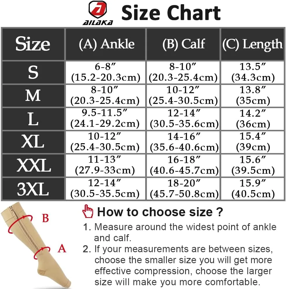 NEW Ailaka Medical Compression Socks with Zipper, Open Toe Knee High 15-20 mmHg Compression Socks for Women Men, Sz 2XL, 1 Pair