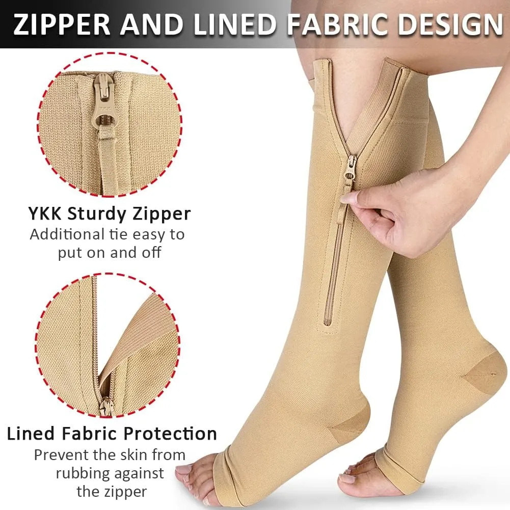 NEW Ailaka Medical Compression Socks with Zipper, Open Toe Knee High 15-20 mmHg Compression Socks for Women Men, Sz 2XL, 1 Pair