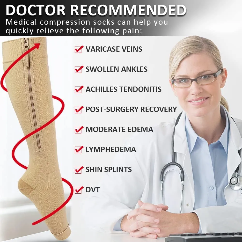 NEW Ailaka Medical Compression Socks with Zipper, Open Toe Knee High 15-20 mmHg Compression Socks for Women Men, Sz 2XL, 1 Pair