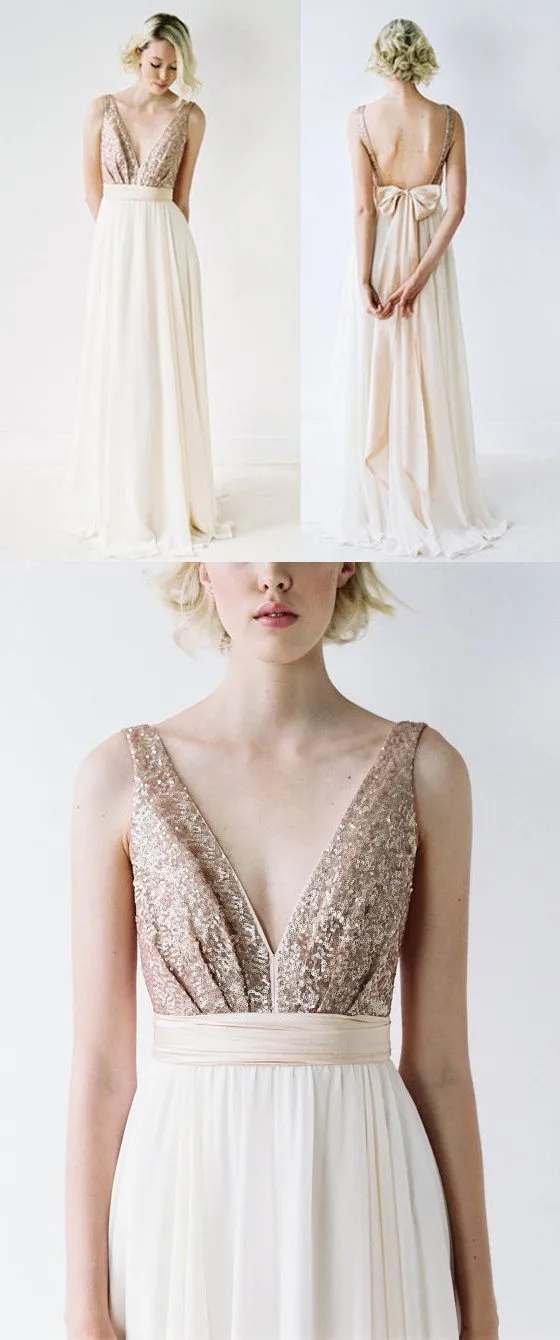 Off Shoulder Top Sequin Prom Dress V-Neck Junior Pretty Long Bridesmaid Dresses with Bow, WGY0102
