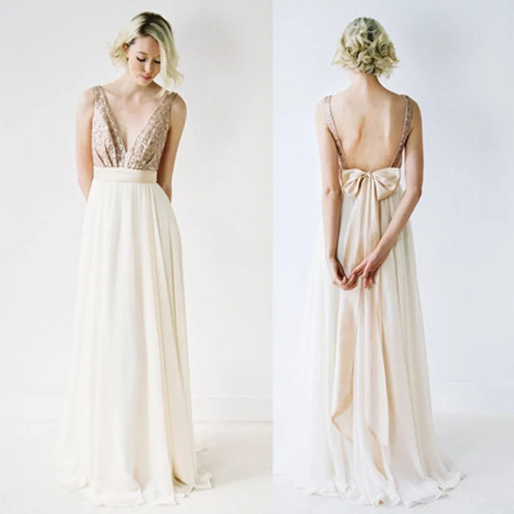 Off Shoulder Top Sequin Prom Dress V-Neck Junior Pretty Long Bridesmaid Dresses with Bow, WGY0102