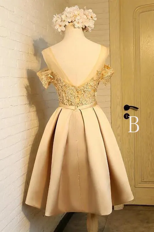 Off-the-Shoulder Short Prom Dress,A Line Appliques Bow-knot Homecoming Dress OKC85