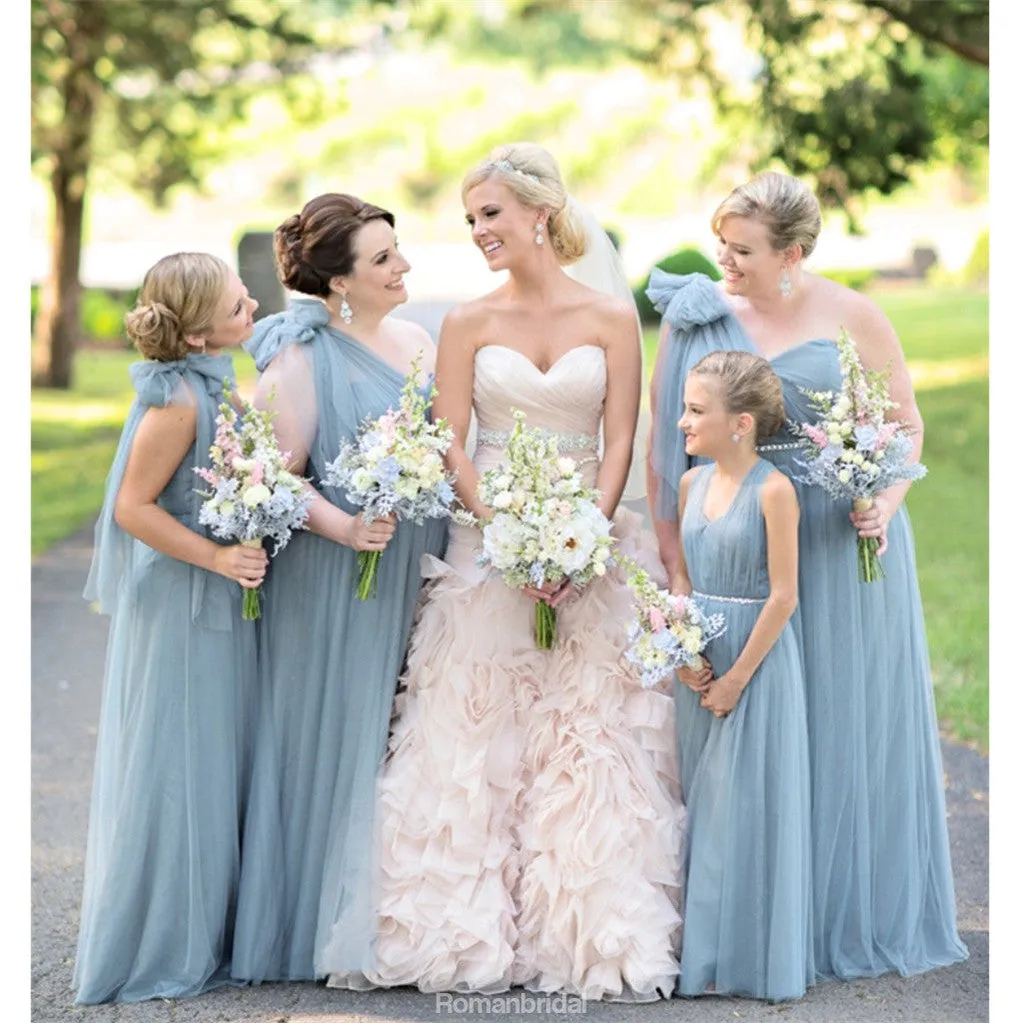 One Shoulder Floor-length Sweetheart Tulle Bow-knot Long Bridesmaid Dress , BD0499