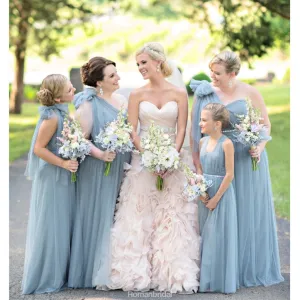 One Shoulder Floor-length Sweetheart Tulle Bow-knot Long Bridesmaid Dress , BD0499