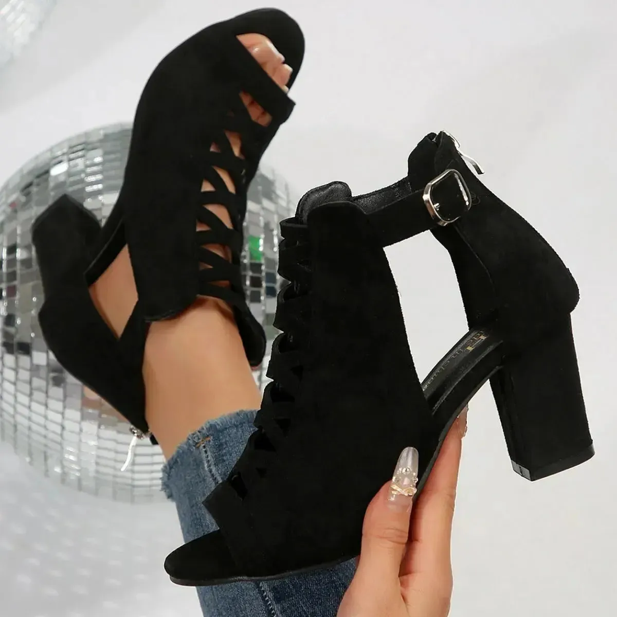 'Opaline' Velvet Peep Toe Block Heels