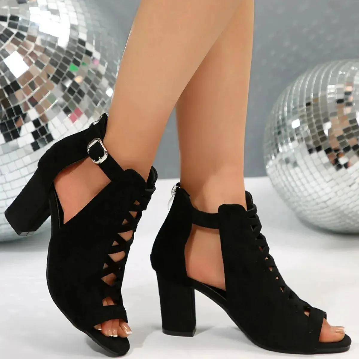 'Opaline' Velvet Peep Toe Block Heels
