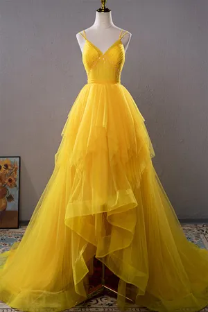 Open Back V Neck High Low Yellow Tulle Long Prom Dress, High Low Yellow Formal Evening Dress A1681