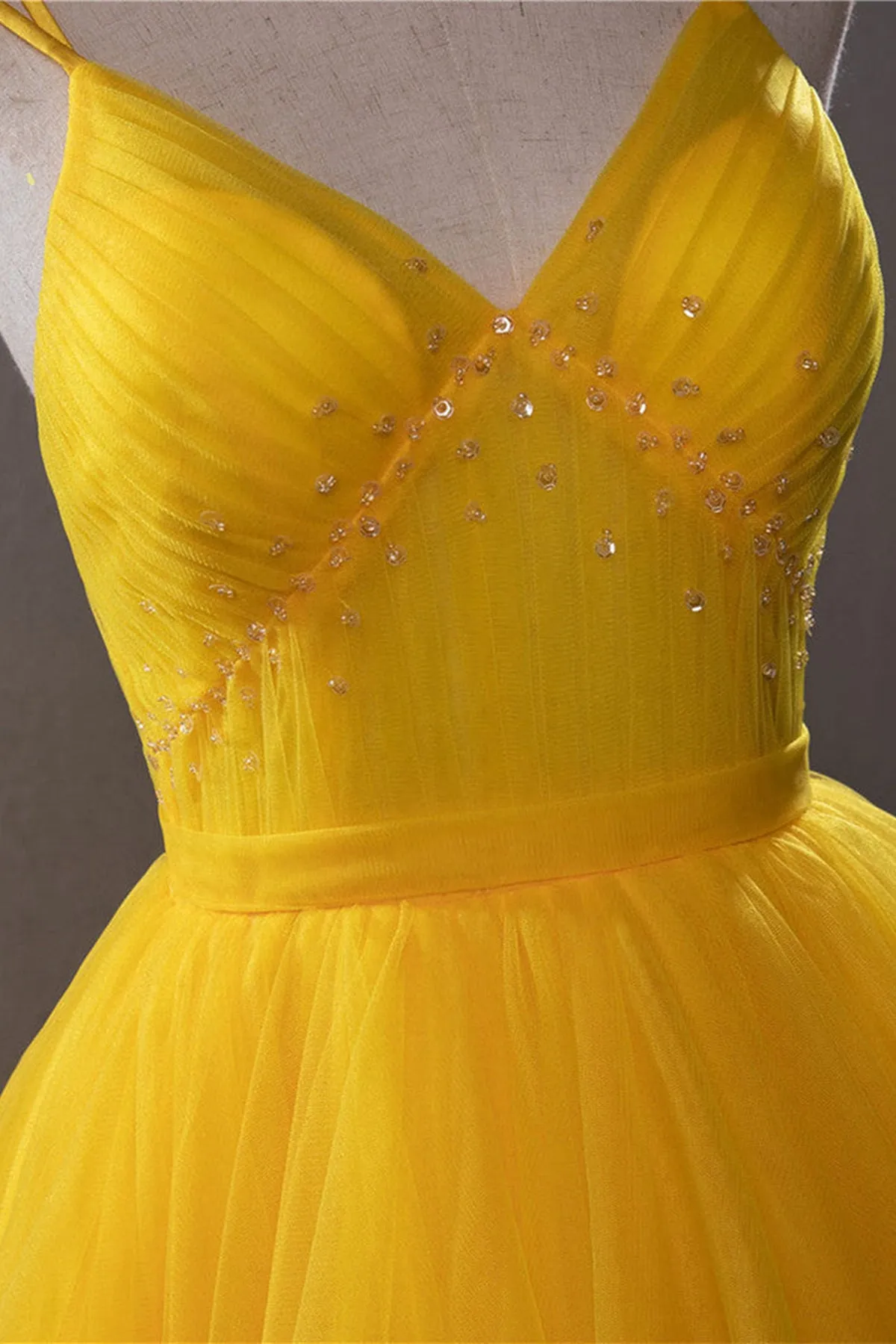 Open Back V Neck High Low Yellow Tulle Long Prom Dress, High Low Yellow Formal Evening Dress A1681
