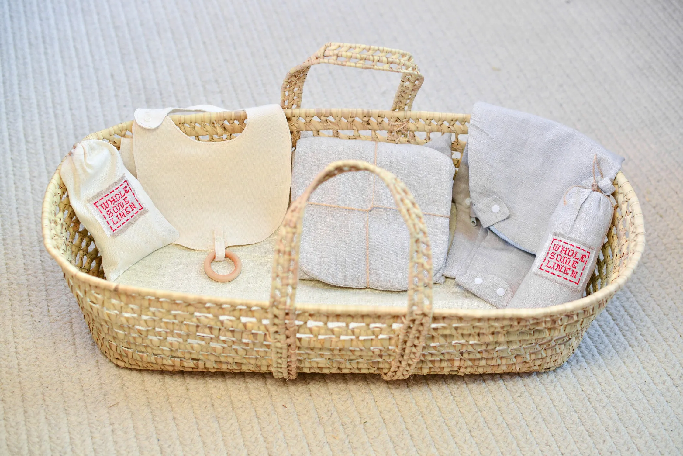 Organic Flax Baby Bassinet Mattress & Linen Bedding Newborn Essentials - PREMIUM Set