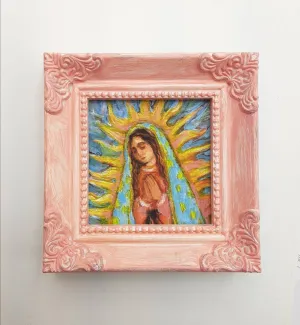 Our Lady of Guadalupe Art Print in One of a Kind Pink Hand-Painted Mini Frame