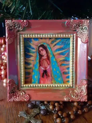 Our Lady of Guadalupe in Sunset Colors Hand Painted Frame