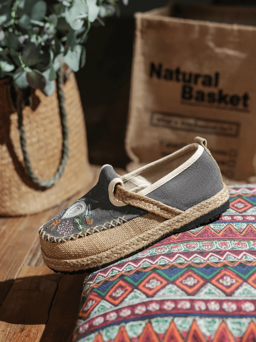 Pattern Embroidered Linen Espadrille Loafer - Grey