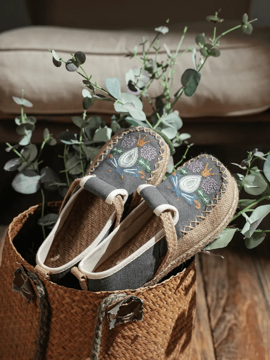 Pattern Embroidered Linen Espadrille Loafer - Grey