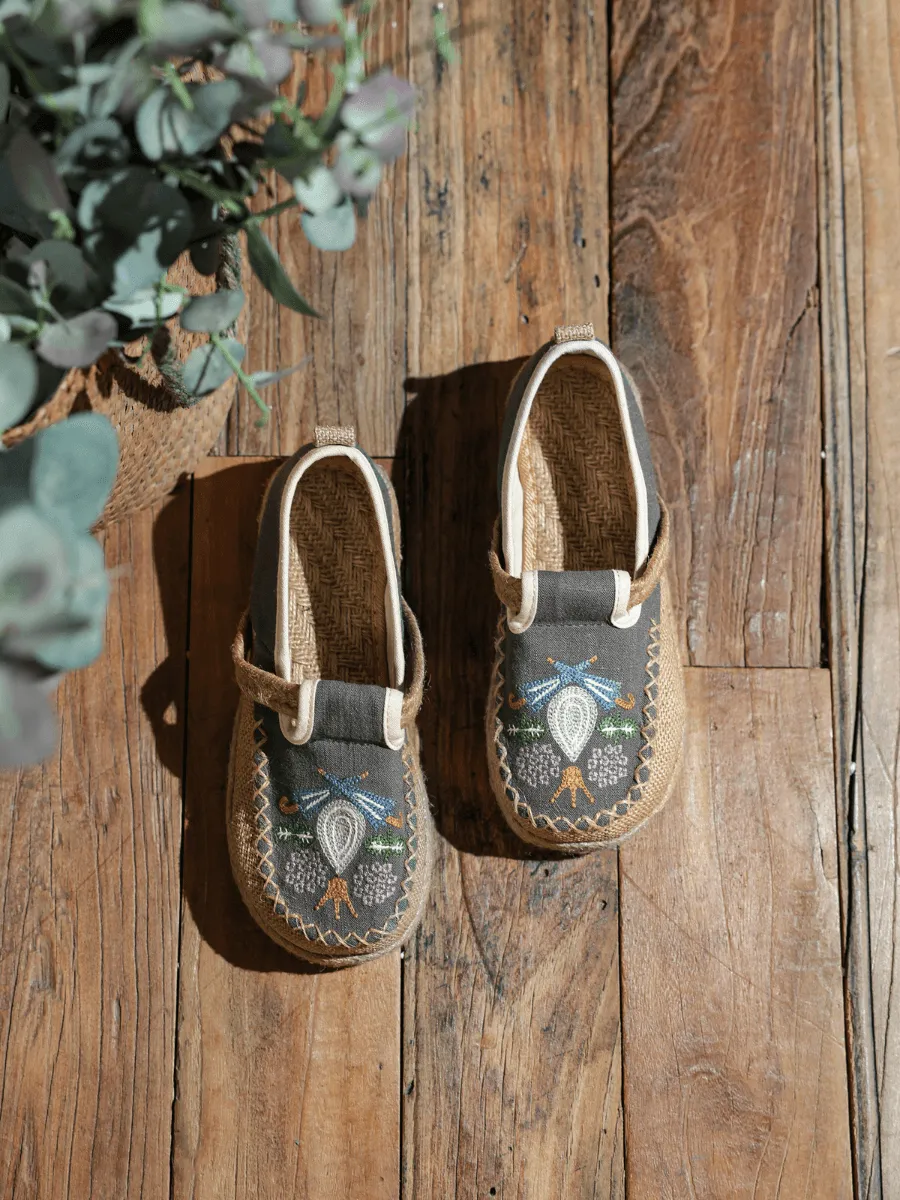 Pattern Embroidered Linen Espadrille Loafer - Grey
