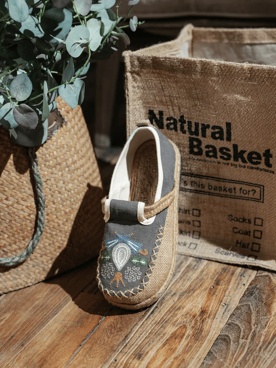 Pattern Embroidered Linen Espadrille Loafer - Grey