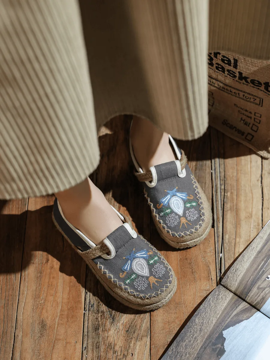 Pattern Embroidered Linen Espadrille Loafer - Grey