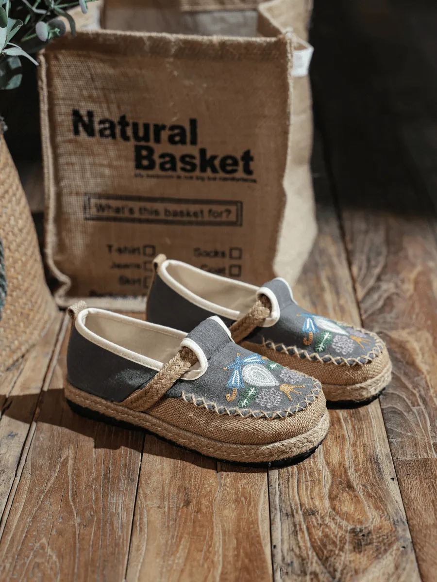 Pattern Embroidered Linen Espadrille Loafer - Grey