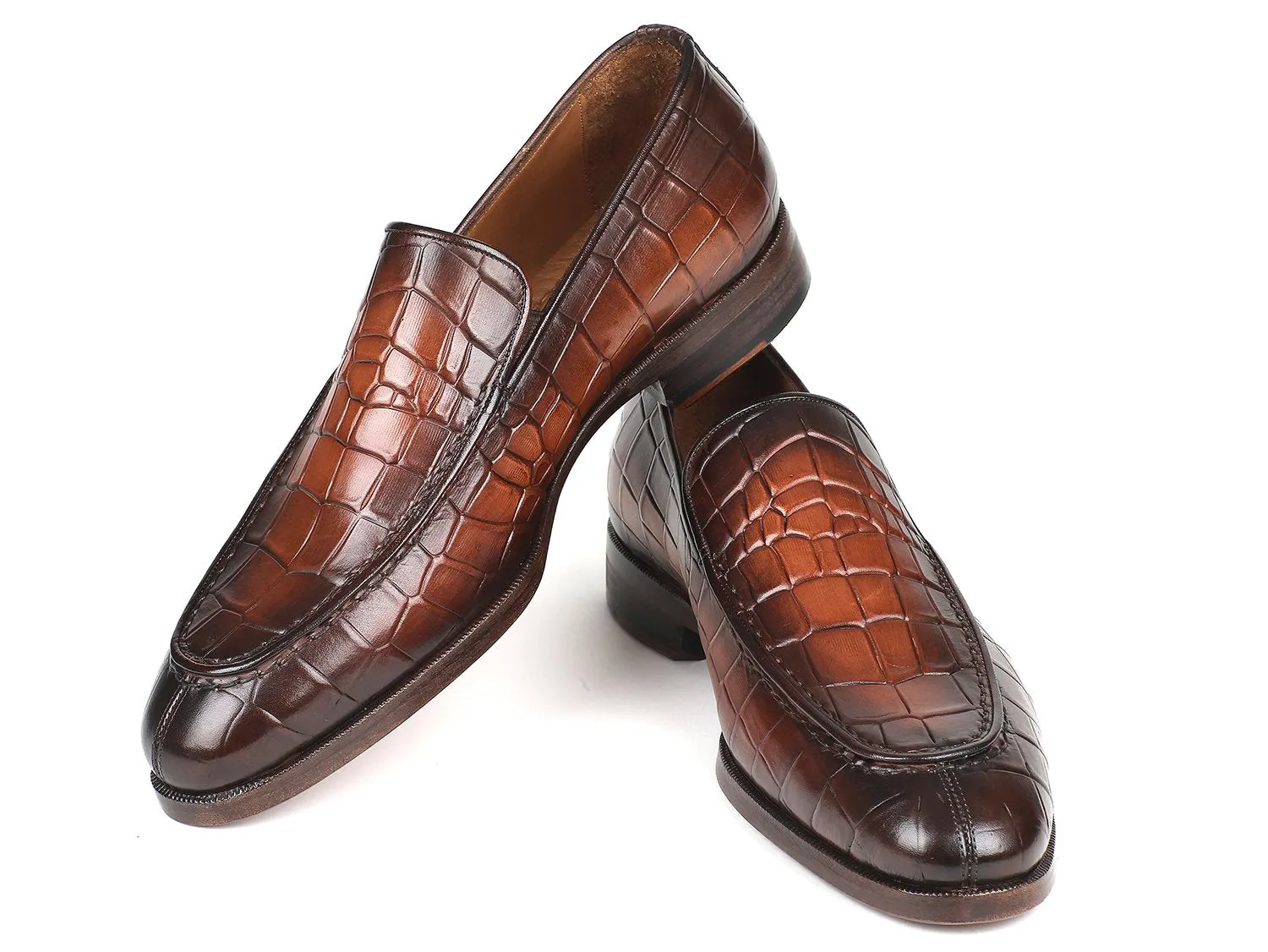 Paul Parkman Men's Croco-Embossed Calfskin Loafers in Brown Burnished