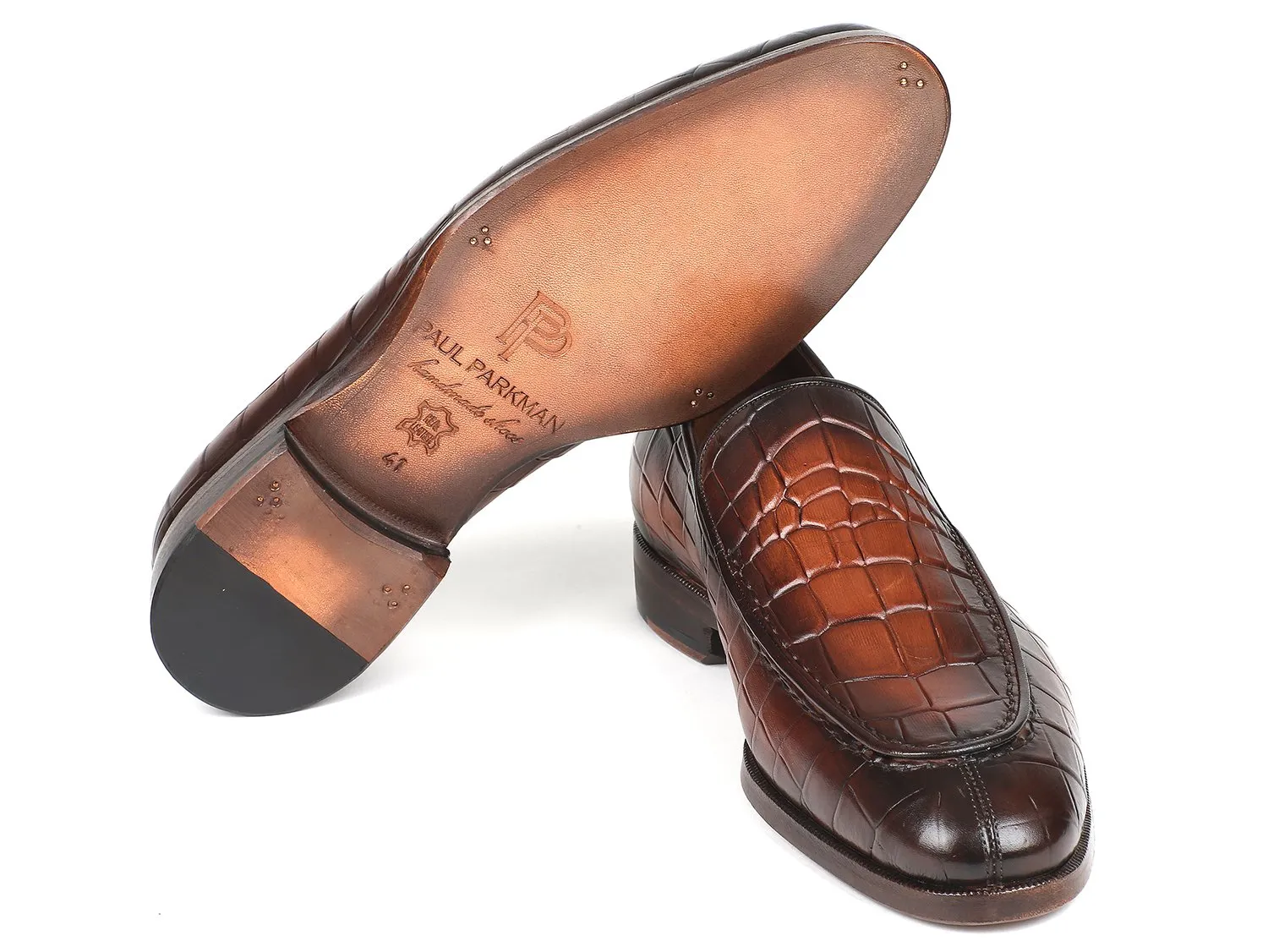 Paul Parkman Men's Croco-Embossed Calfskin Loafers in Brown Burnished