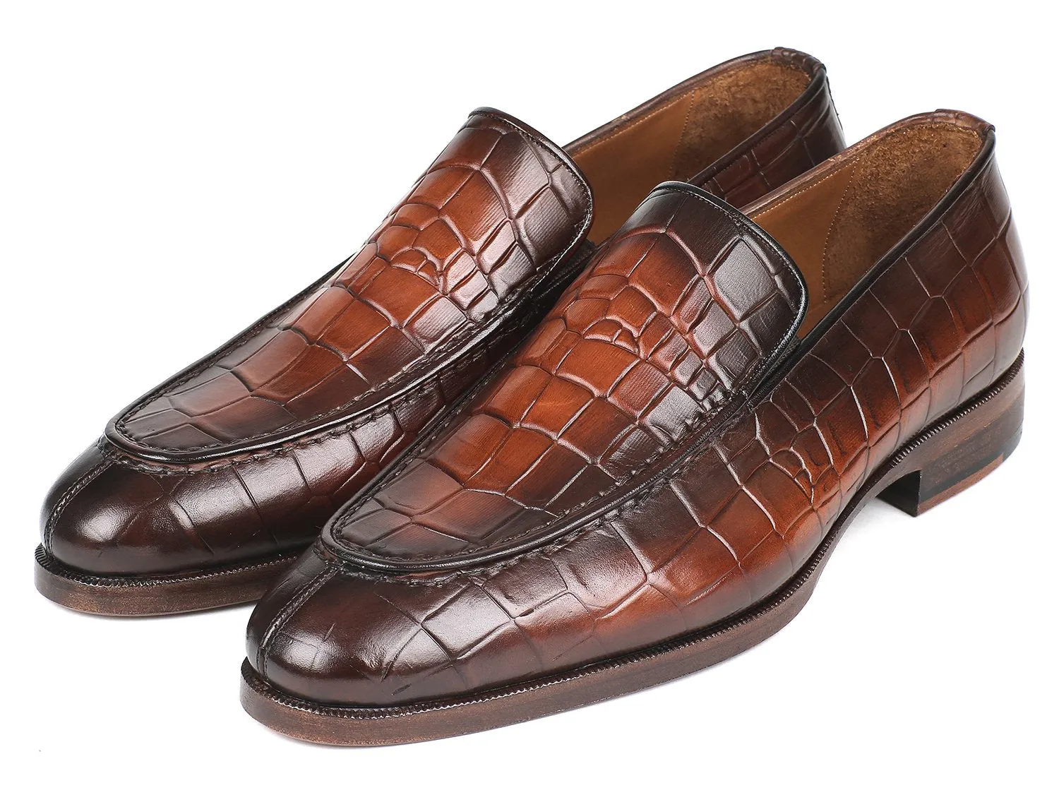 Paul Parkman Men's Croco-Embossed Calfskin Loafers in Brown Burnished