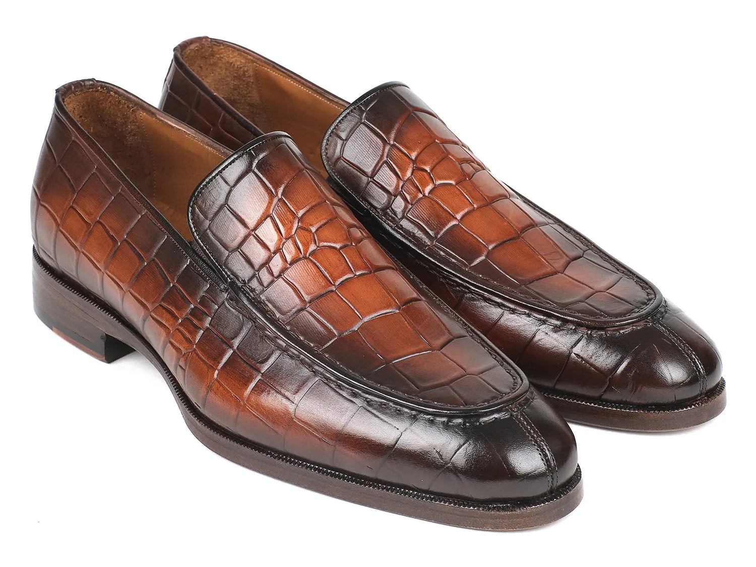 Paul Parkman Men's Croco-Embossed Calfskin Loafers in Brown Burnished