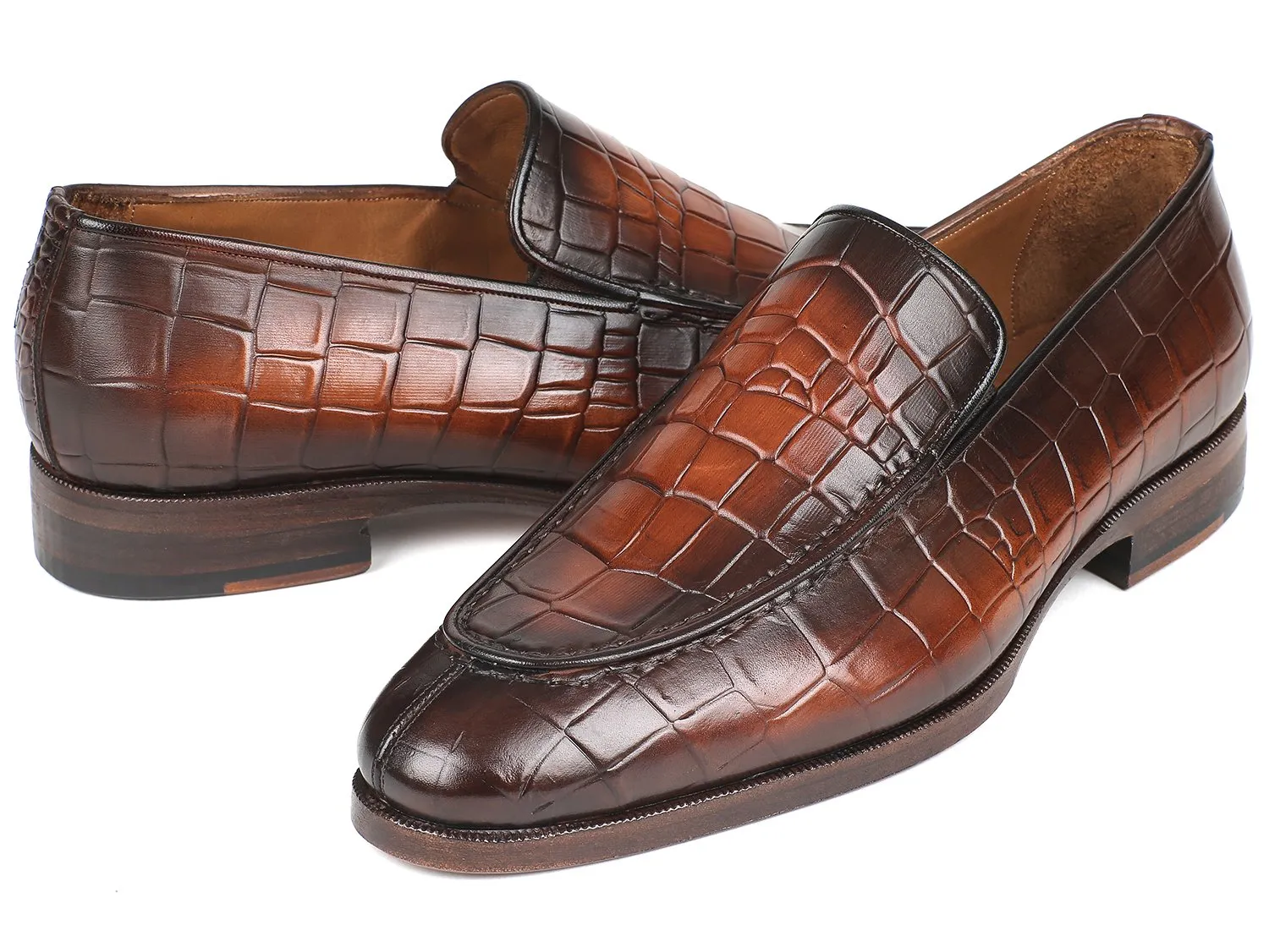 Paul Parkman Men's Croco-Embossed Calfskin Loafers in Brown Burnished